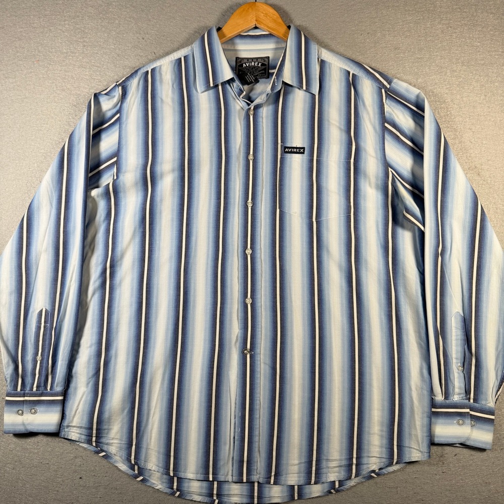 Vintage Avirex Mens Striped Button Down Shirt Long Sleeve L Blue White‎ Casual